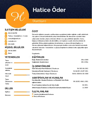 Beslenme Uzmanı Diyetisyen CV Örnekleri cv indir